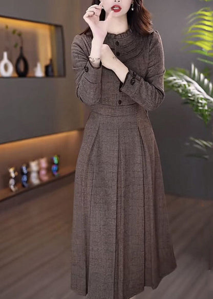 Coffee Patchwork Button Maxi Dress Spring