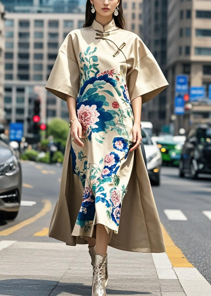 Original Design Khaki Mandarin Collar Print Silk a Line Dress Fall