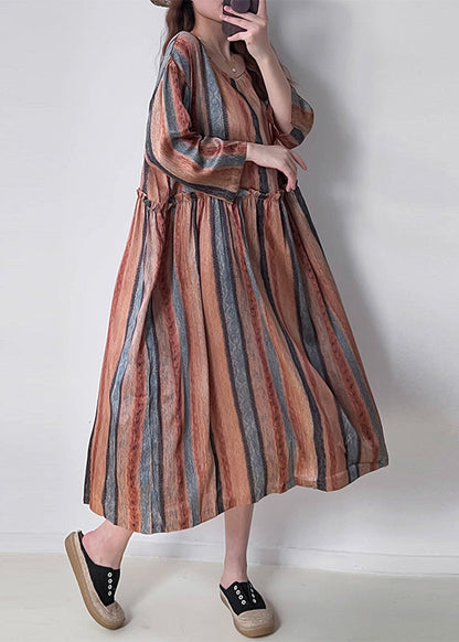 Orange Striped Patchwork Silk Cotto Long Dresses Long Sleeve
