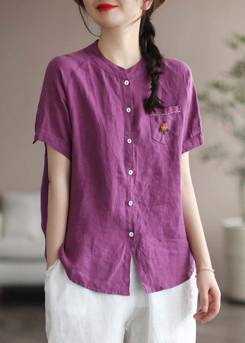 Purple Embroidered Pocket Linen Shirt Top Short Sleeve