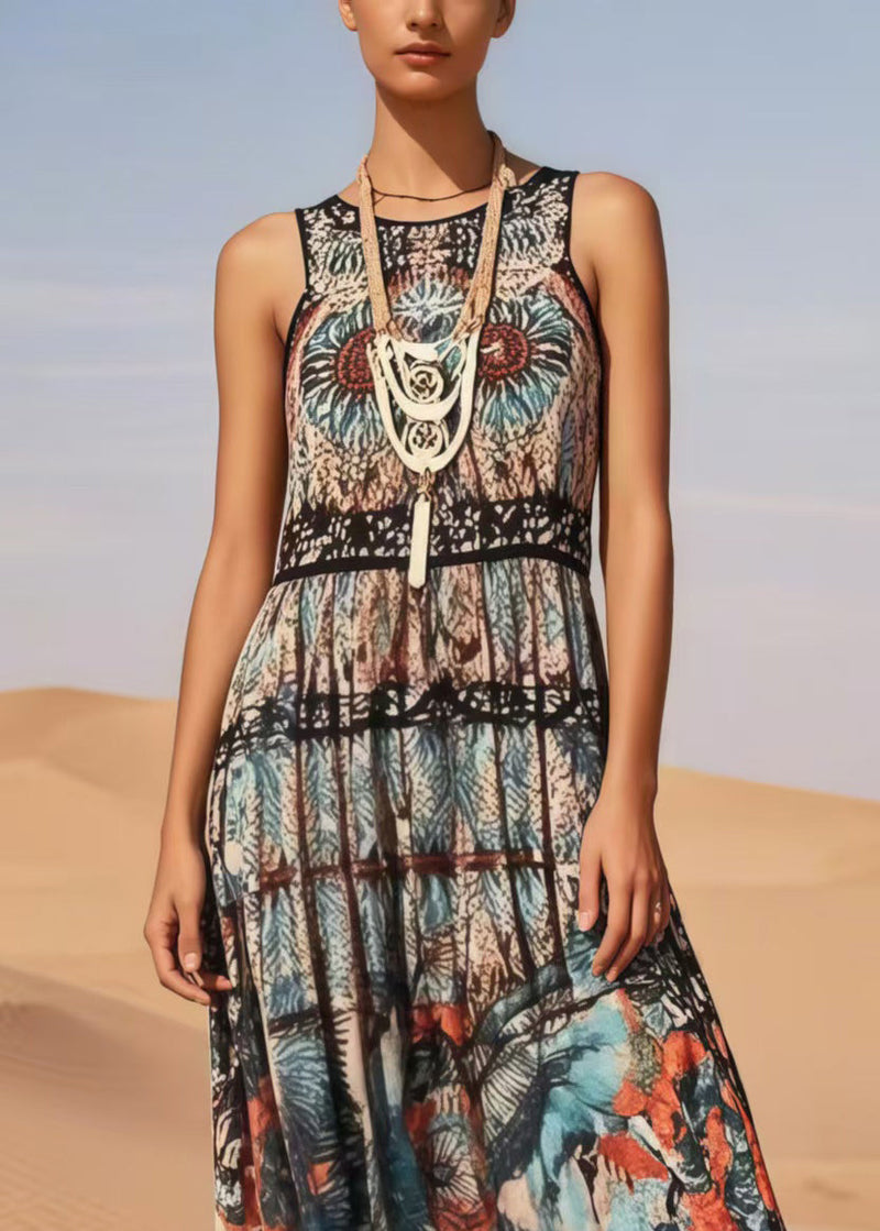 Black Print Cotton Long Dress Sleeveless