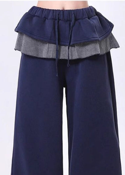 Navy Elastic Waist Patchwork Ruffles Cotton Pants Spring