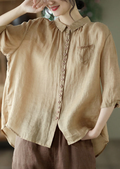 Khaki Button Pockets Linen Shirt Tops Half Sleeve