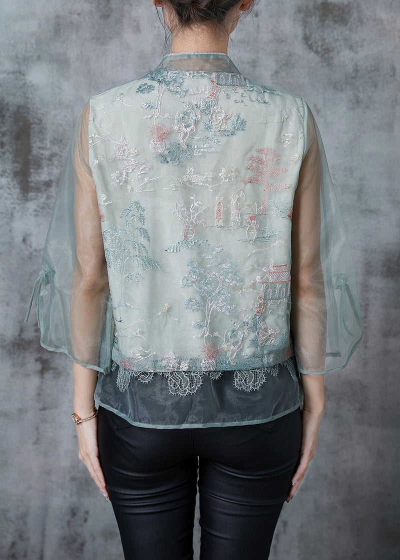 Green Mandarin Collar Embroidered Tulle Shirt Tops Summer