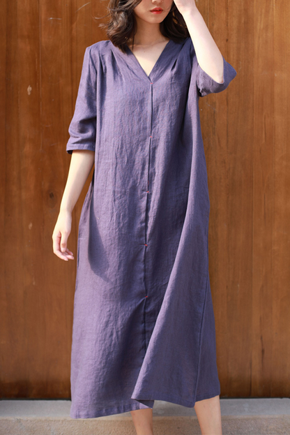 Summer Retro Linen Long Dress Loose 3/4 Sleeve Dress