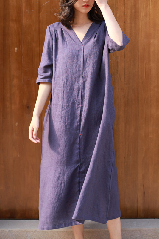 Summer Retro Linen Long Dress Loose 3/4 Sleeve Dress