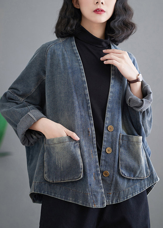Blue Oversized Pockets Denim Coat Outwear Spring
