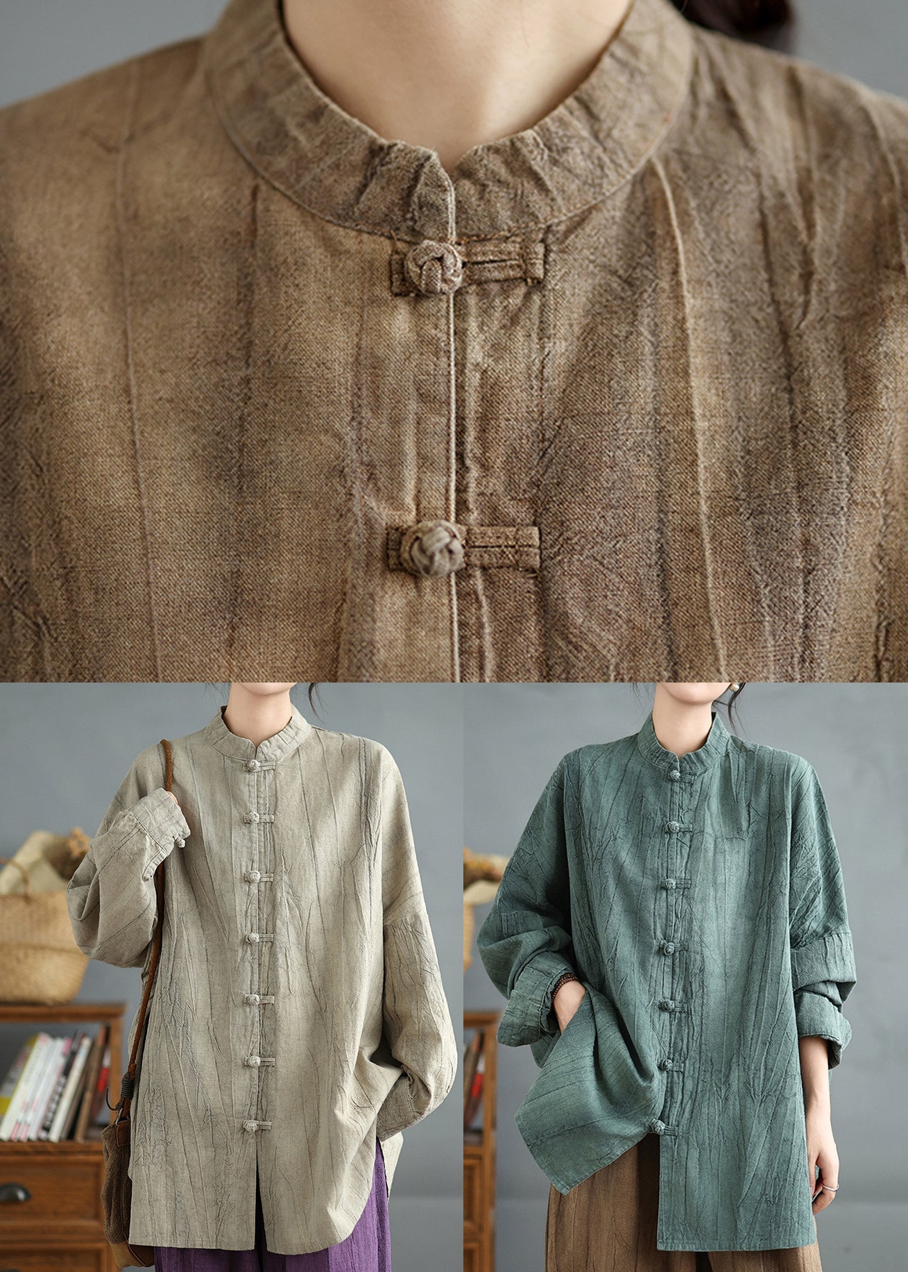 Green Stand Collar Chinese Button Cotton Shirt Top Spring