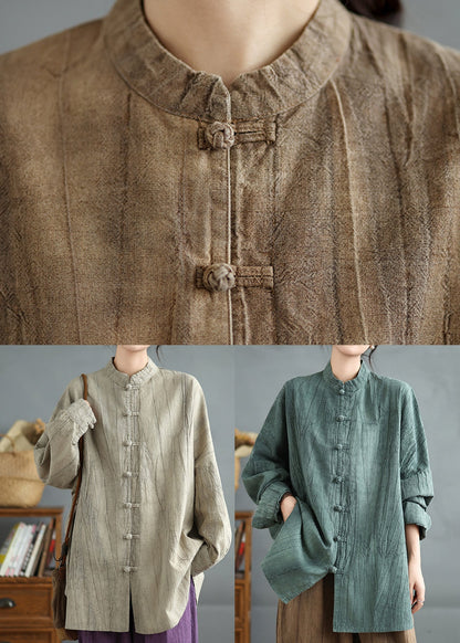 Green Stand Collar Chinese Button Cotton Shirt Top Spring