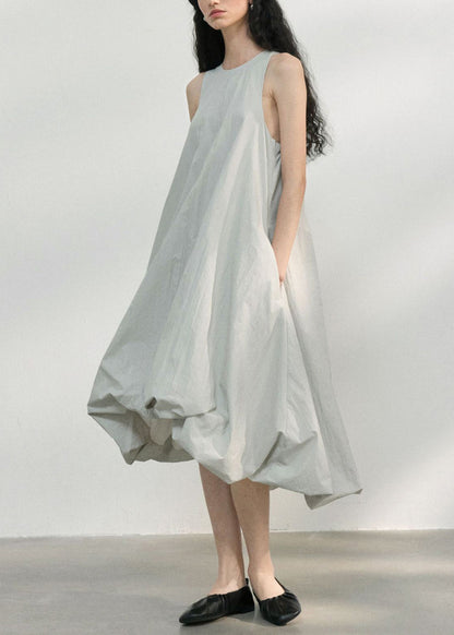 Italian Light Grey O Neck Asymmetrical Design Cotton Dress Sleeveless