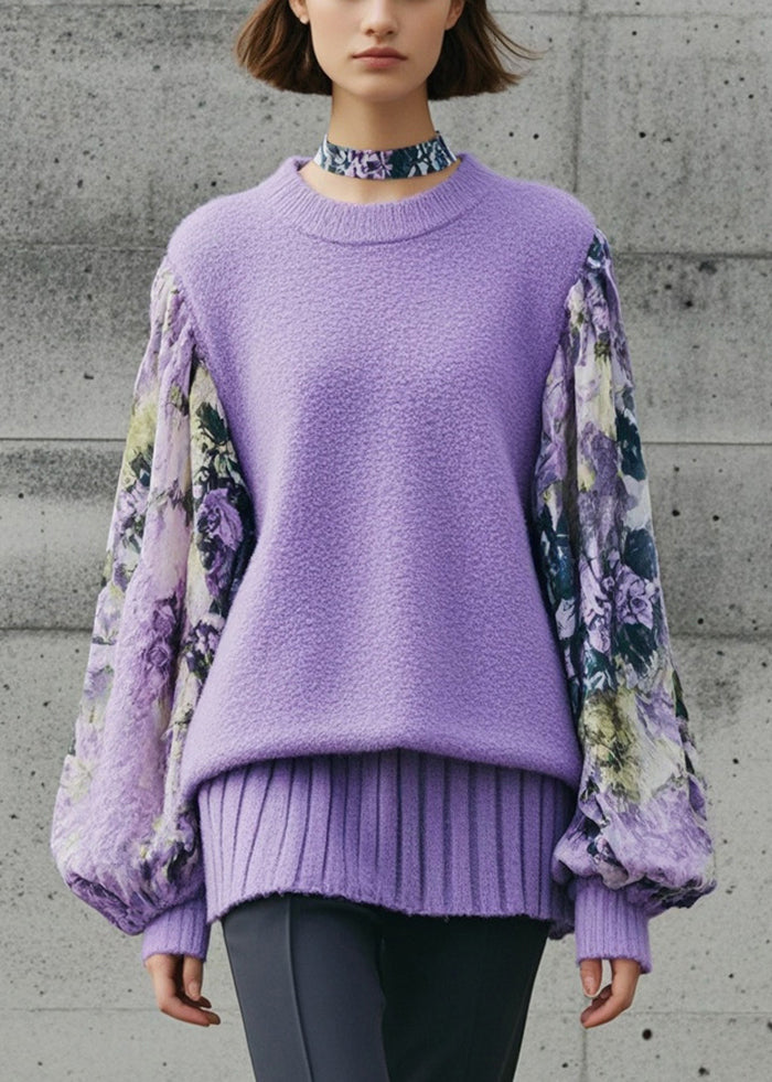 Purple Oversized Patchwork Print Knitted Tops Lantern Sleeve