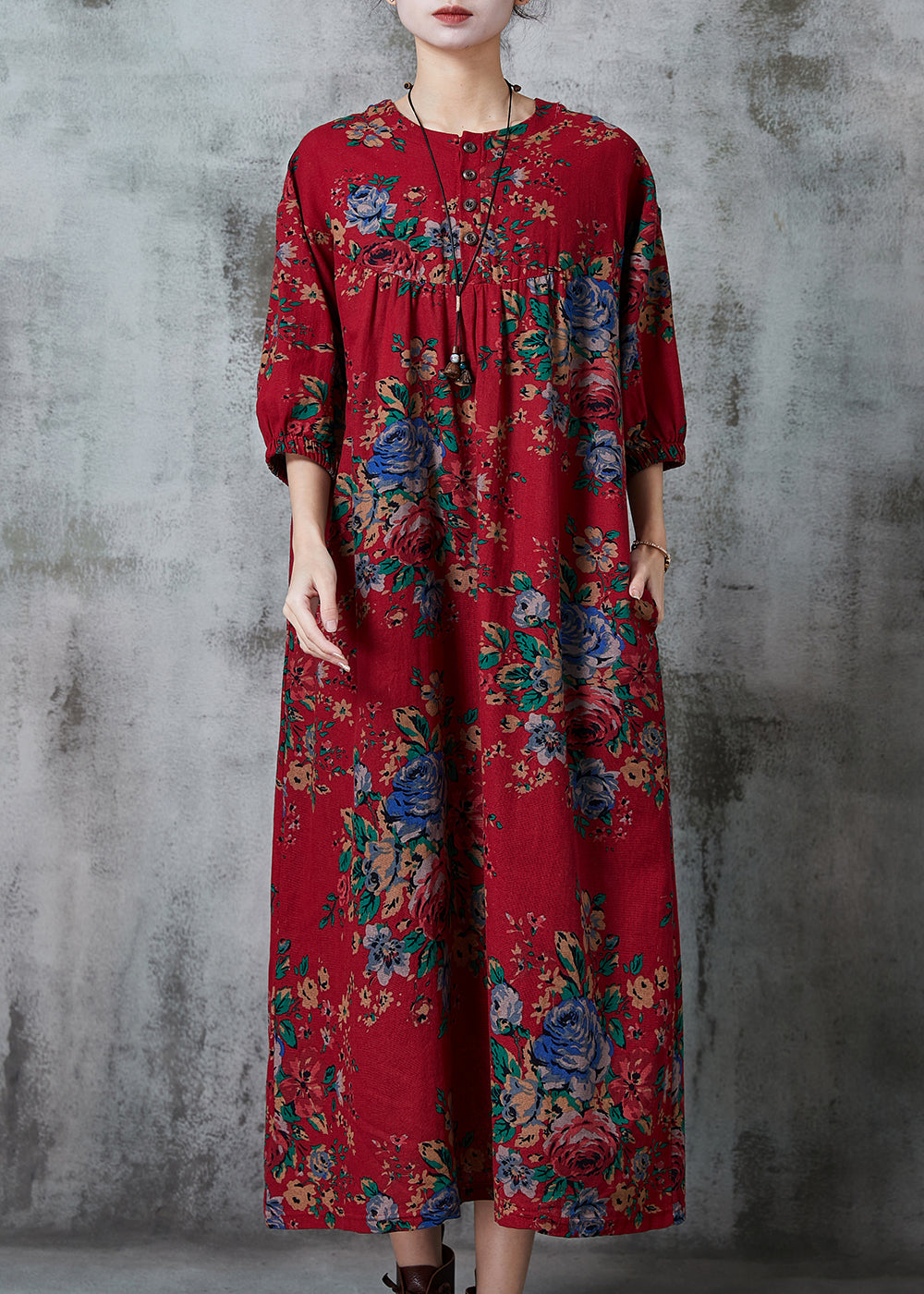 Red Oversized Print Cotton Long Dress Summer