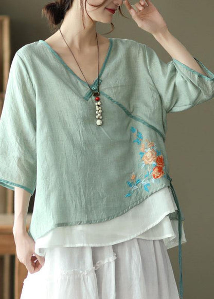 Pink V Neck Embroidered Summer Ramie Half Sleeve Tops