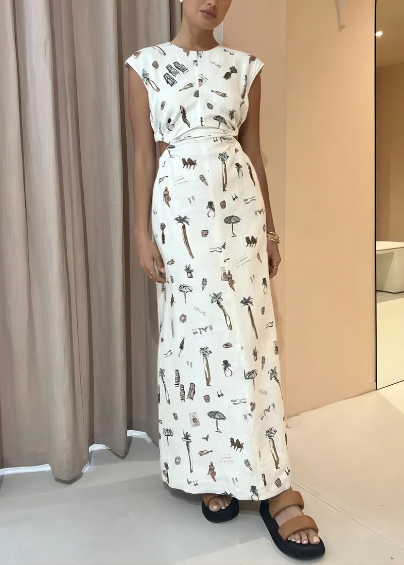 White O-neck Print Elastic Waist Linen Dress Sleeveless