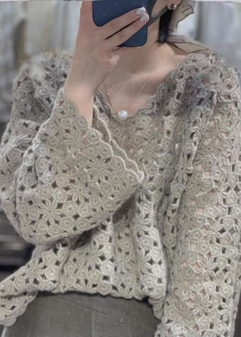 Grey V Neck Hollow Out Knit Tops Fall