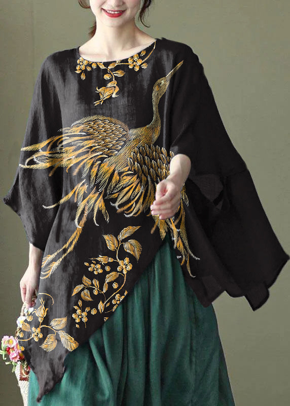 Art Black Phoenix Asymmetrical Design Embroidered Summer Ramie Shirt Tops
