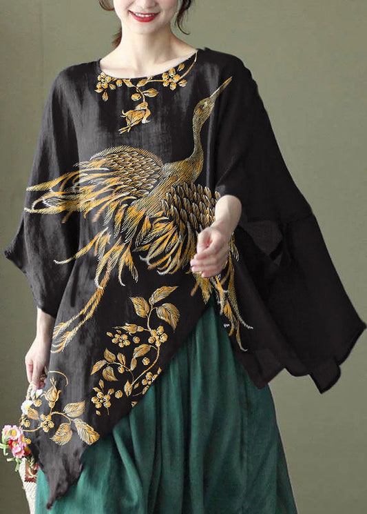 Art Black Phoenix Asymmetrical Design Embroidered Summer Ramie Shirt Tops