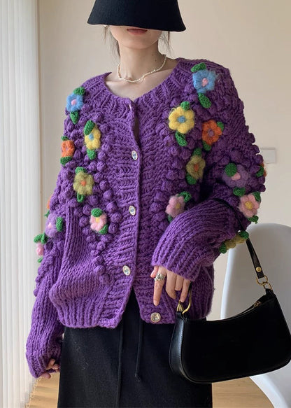 New Purple Button Patchwork Knit Coat Winter