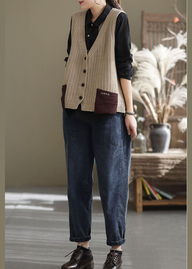 Khaki Oversized Patchwork Pockets Knit Vest Sleeveless