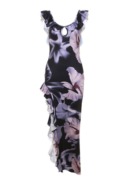 Purple Ruffled Asymmetrical Print Cotton Dress Summer