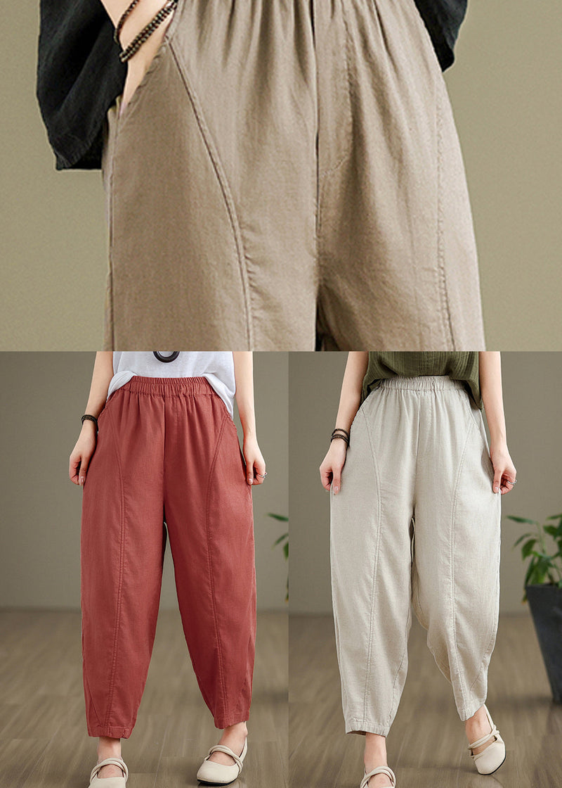 Camel Pockets Elastic Waist Cotton Pants Fall