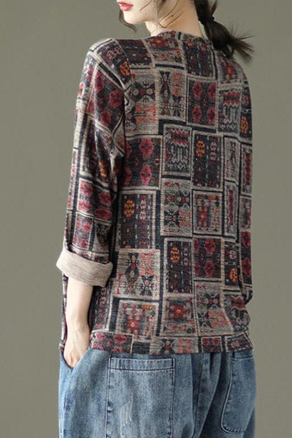 Retro Drawstring Print Cotton Blouse