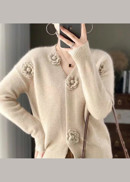 Handmade Beige V Neck Crochet Cashmere Knit Cardigan Spring