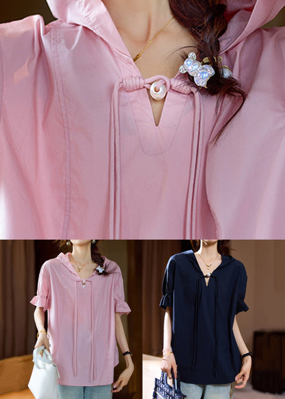 Pink Hooded Chinese Button Cotton T Shirt Summer