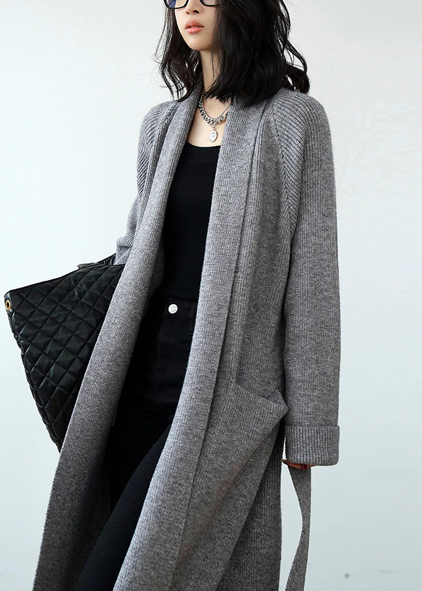 Grey Pockets Tie Waist Knit Loose Cardigans Spring