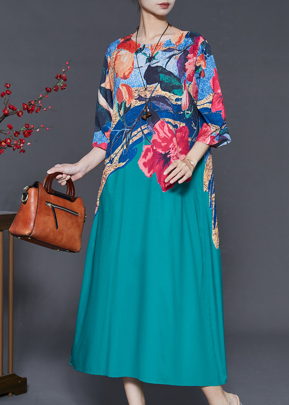 Green Oversized Print Silk Maxi Dresses Summer