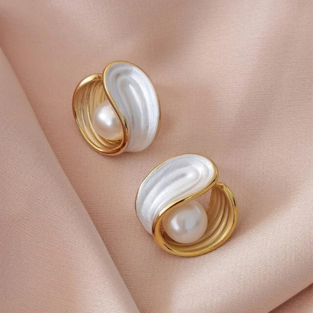White Opal Earrings With Pearls in Gold