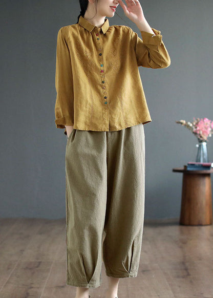 Yellow Peter Pan Collar Embroidered Linen Blouse Tops Fall