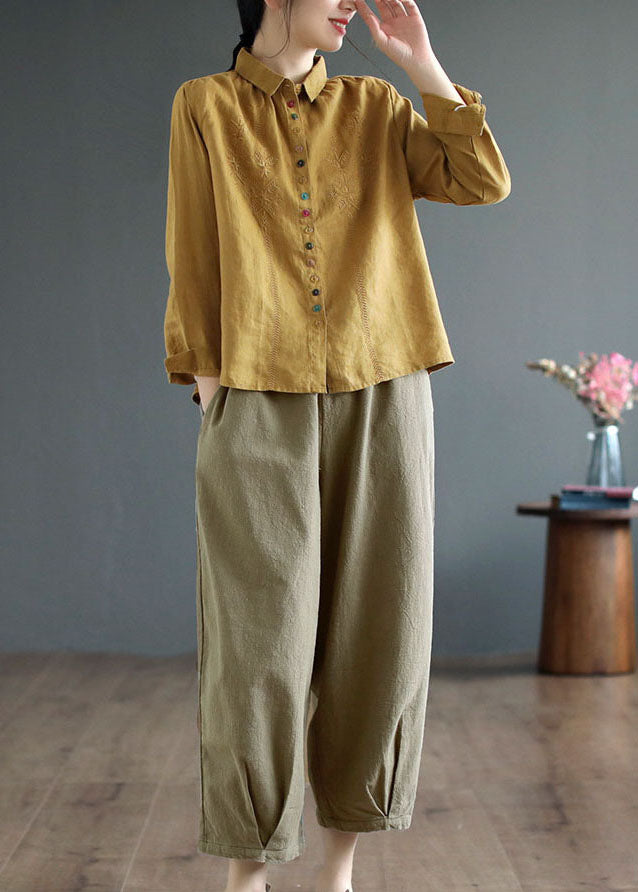 Yellow Peter Pan Collar Embroidered Linen Blouse Tops Fall