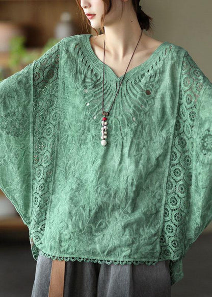 Khaki Cotton V Neck Embroidered Hollow Out Summer Blouses
