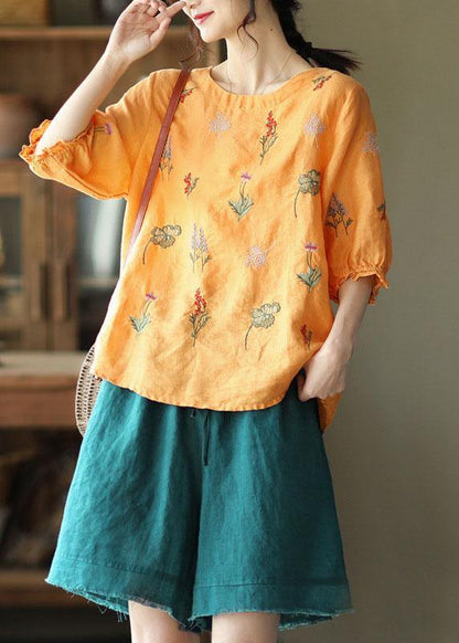 Pink O-neck Embroidered Summer Ramie Blouses Half Sleeve
