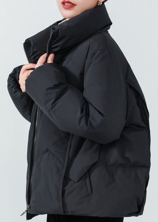 French Black Stand Collar Oversized Duck Down Winter Coats Long Sleeve