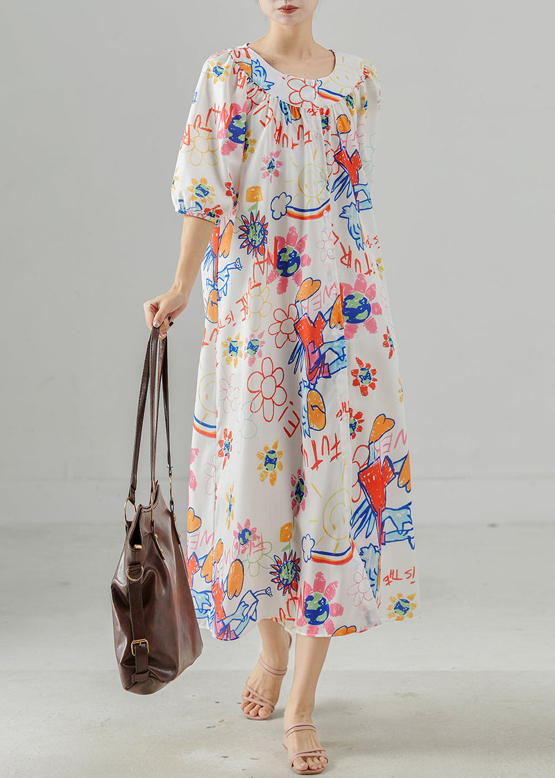 White Oversized Print Cotton Holiday Dress Summer