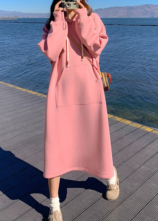 New Pink Hooded Pockets Cotton Dresses Fall