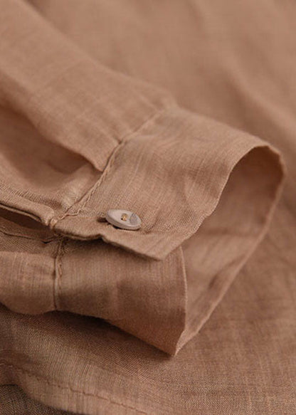 Classy Khaki Embroidered Ramie Top Long Sleeve