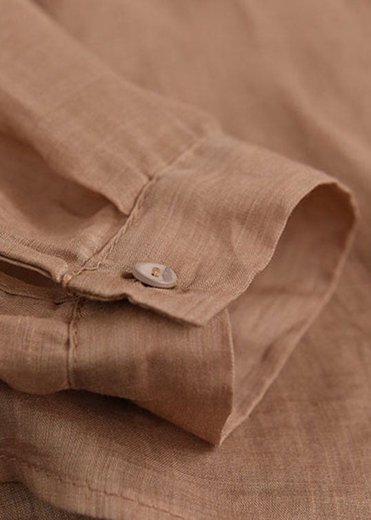 Classy Khaki Embroidered Ramie Top Long Sleeve