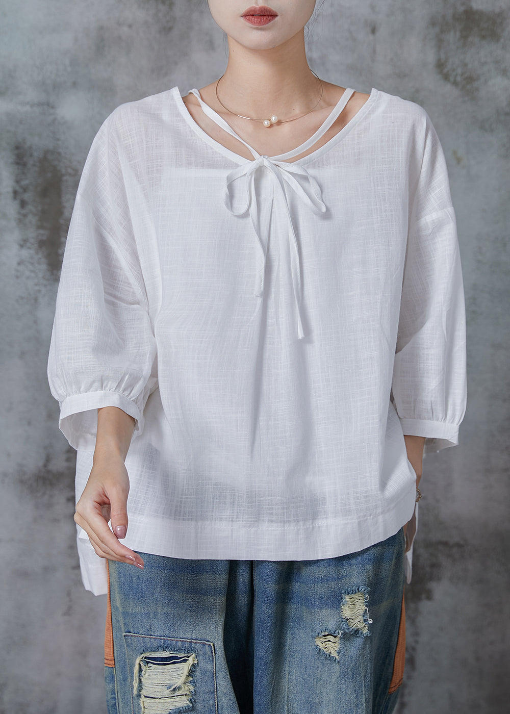 White Oversized Cotton Shirt Tops Bracelet Sleeve