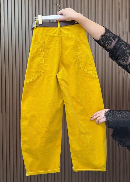 Yellow Pockets High Waist Corduroy Wide Leg Pants Fall