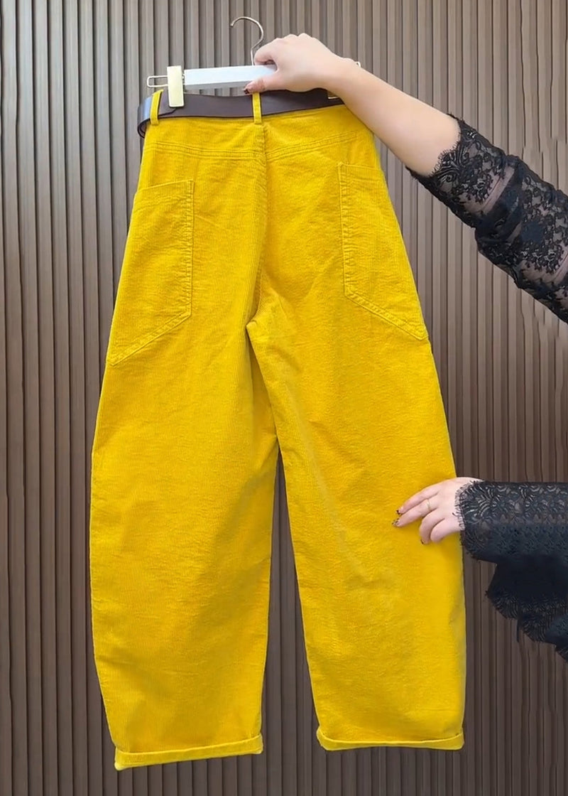 Yellow Pockets High Waist Corduroy Wide Leg Pants Fall