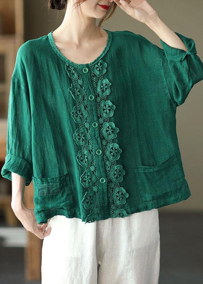 Green Retro O-neck Button Fall Shirt Tops Long Sleeve