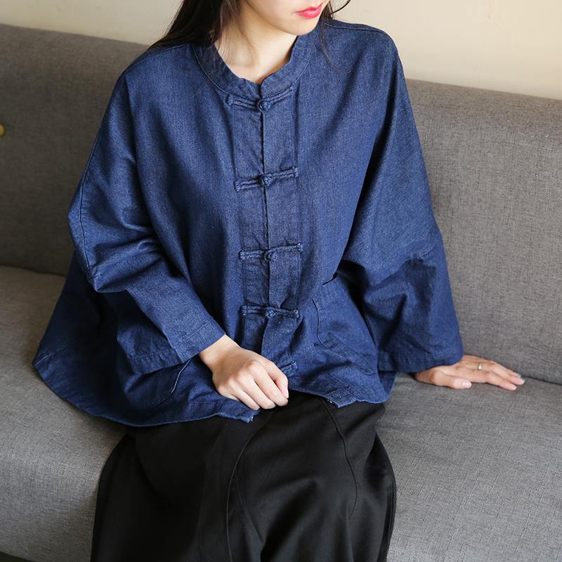 Denim Dark Blue Clothes for Stand Collar Chinese Button Tunic Blouse