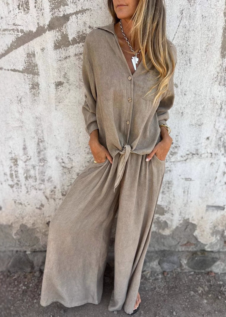 Loose Khaki Tops and Pants Cotton 2 Piece Outfit Fall