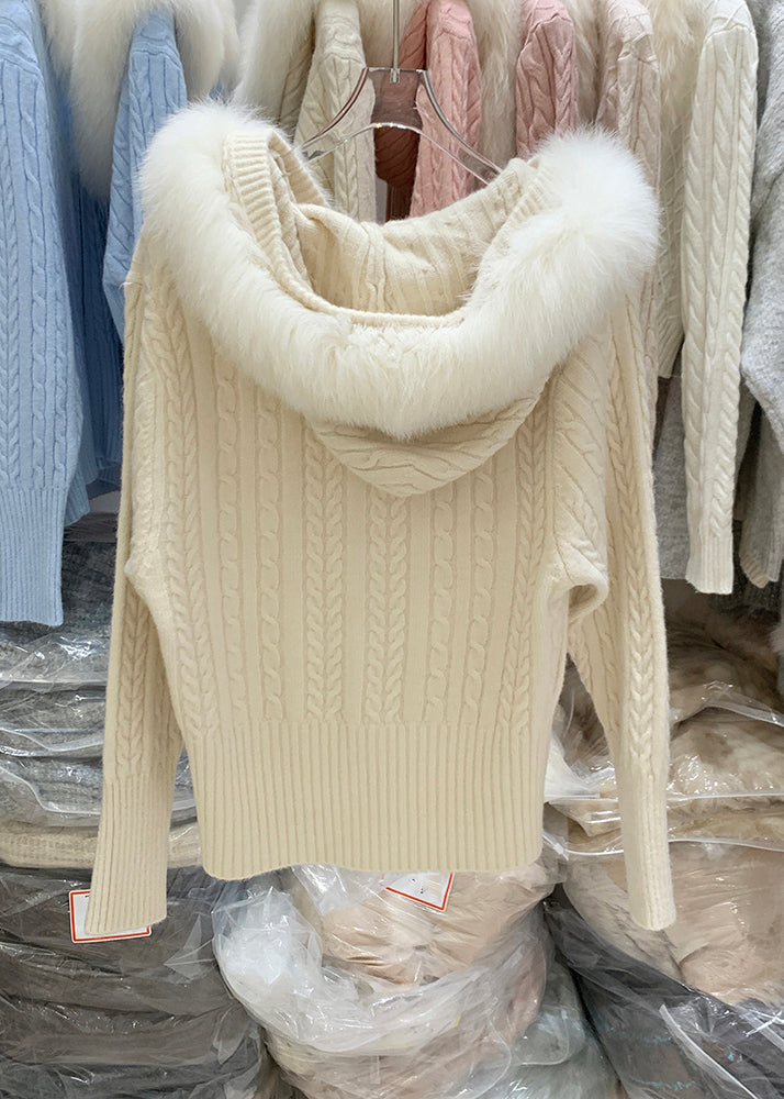 White Zippered Patchwork Hooded Cotton Knit Cardigan Winter