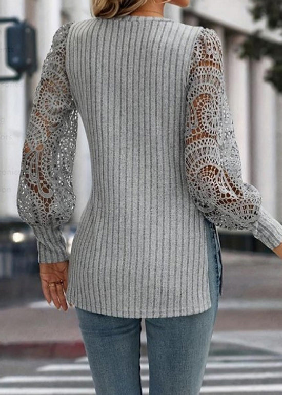 Grey V Neck Hollow Out Knit T Shirt Top Fall