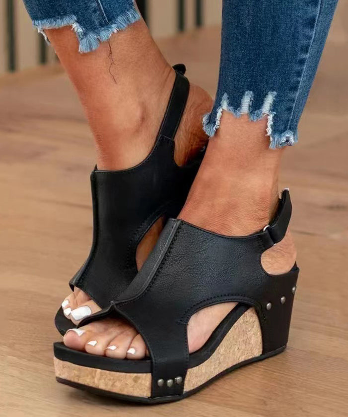 Brown Faux Leather Splicing Wedge Sandals Peep Toe Rivet