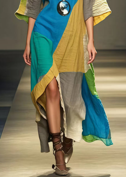Art Polychrome Asymmetrical Patchwork Applique Cotton Long Dress Summer